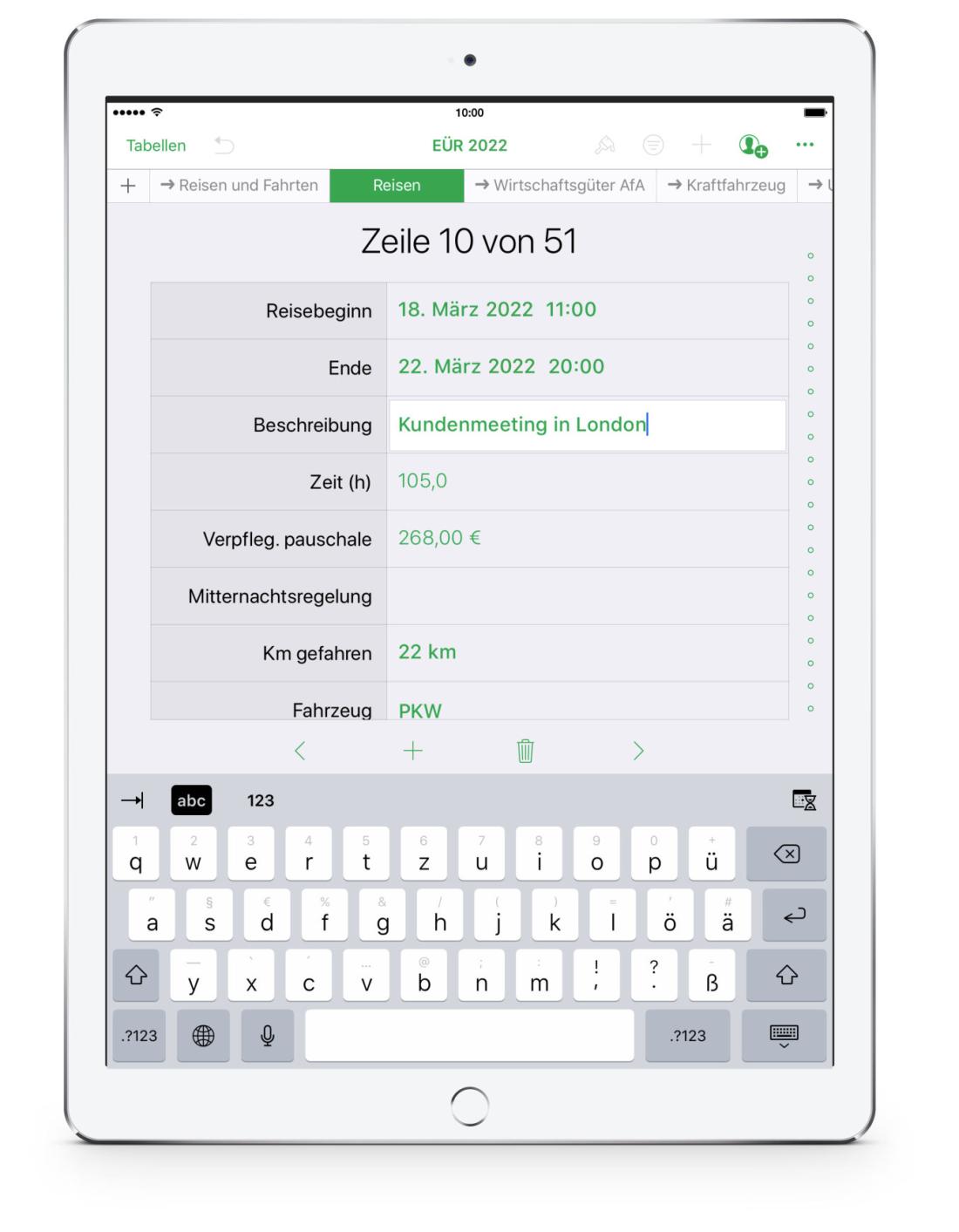 Einnahmen-Überschuss-Rechnung 2022 mit USt Reisekosten für iPad
