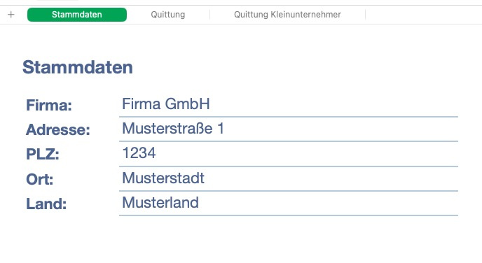 Numbers Vorlage Quittung Stammdaten Aussteller Zahlungsempfänger