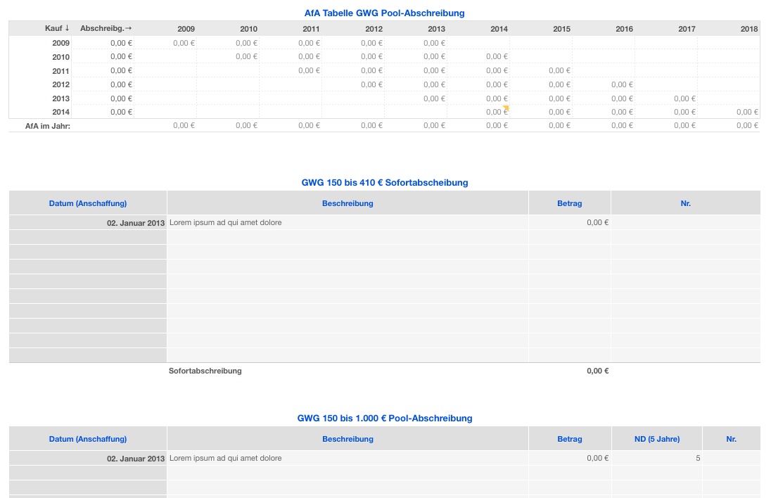 Vorlage Einnahmen-Überschuss-Rechnung 2013 für Mac und iPad ohne USt AfA