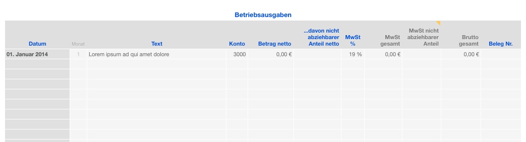 Vorlage Einnahmen-Überschuss-Rechnung 20114 für Mac und iPad Ausgaben Liste