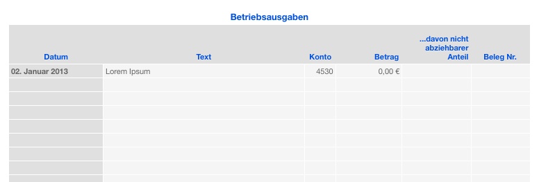 Vorlage Einnahmen-Überschuss-Rechnung 2013 für Mac und iPad ohne USt Ausgaben Liste