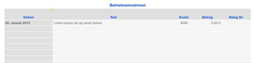 Vorlage Einnahmen-Überschuss-Rechnung 2013 für Mac und iPad ohne USt Einnahmen Liste