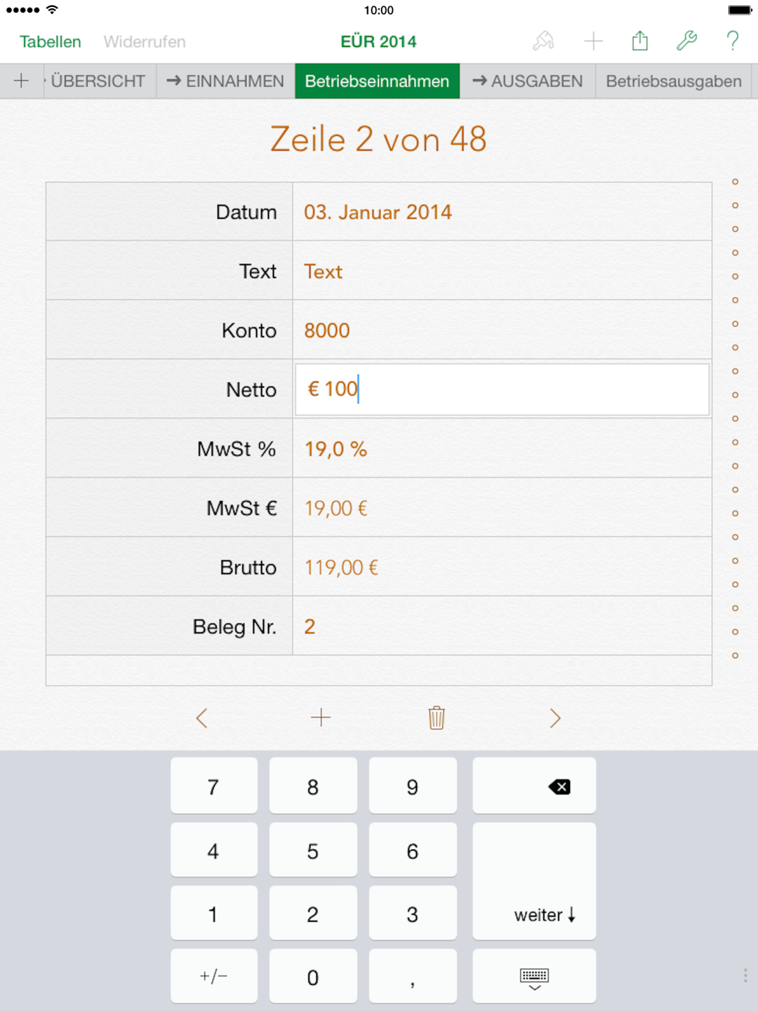 Vorlage Einnahmen-Überschuss-Rechnung 2014 für Mac und iPad Formular Einnahmen