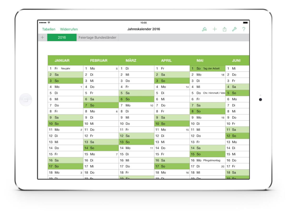 Numbers Vorage Kalender 2016 iPad