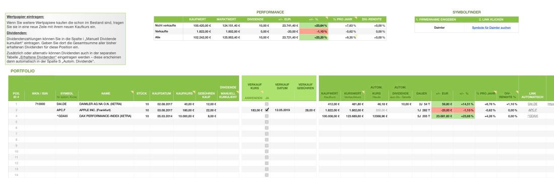 Numbers Vorlage Portfolio Aktienverwaltung Gesamtansicht