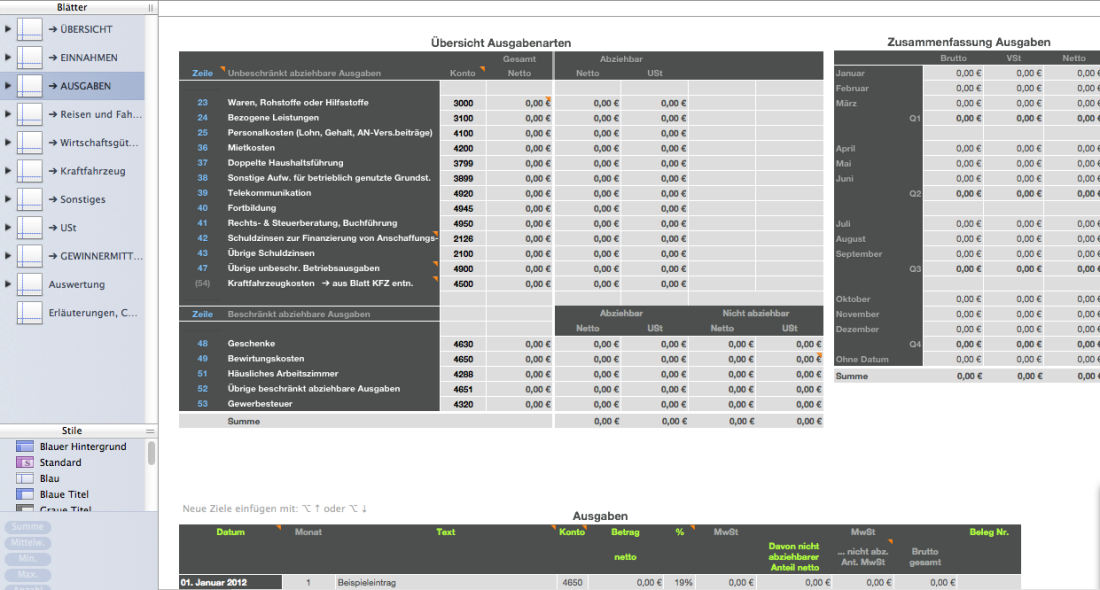 Numbers Vorlage Einnahmen-Überschuss-Rechnung 2012 mit USt Ausgaben Übersicht