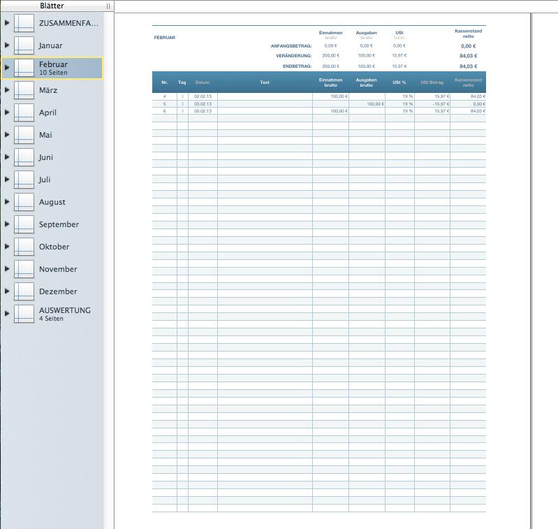 Vorlage Kassenbuch Druckansicht