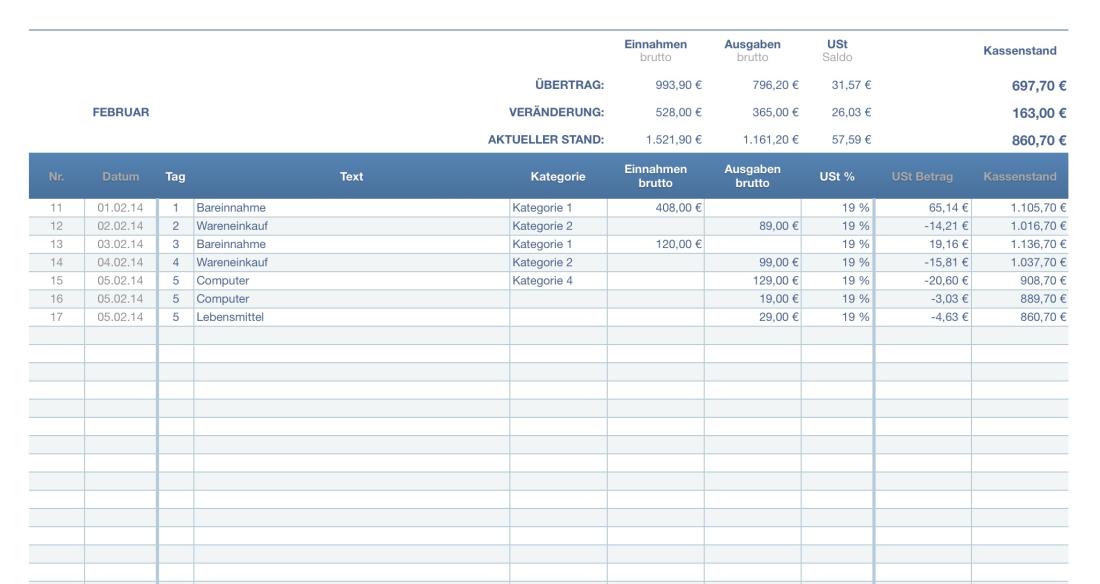Numbers Vorlage Kassenbuch mit USt Summen