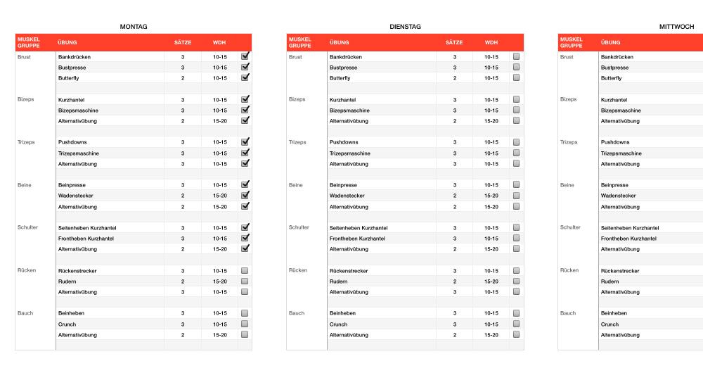 Numbers Vorlage Trainingsplan Fitness mehrere Tage