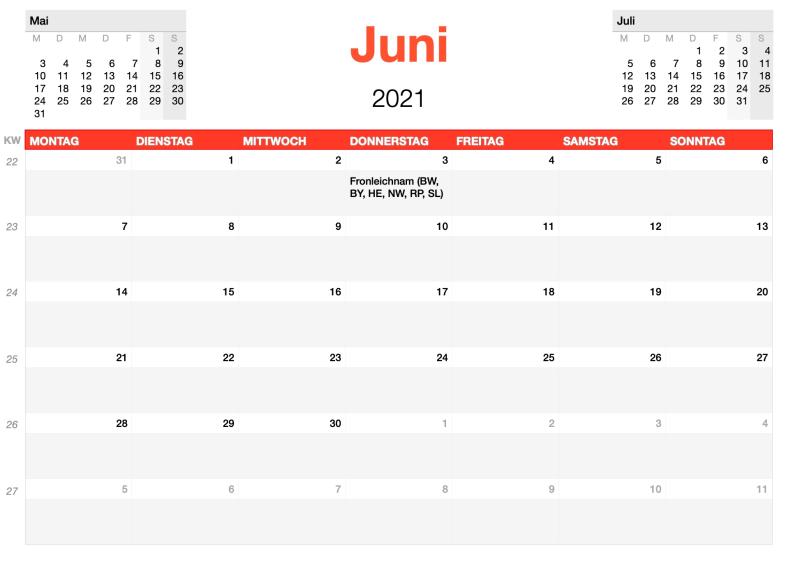 Numbers Vorlage Kalender 2021 