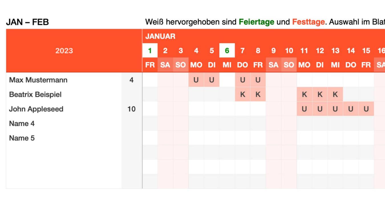 Numbers Vorlage Urlaubsplaner